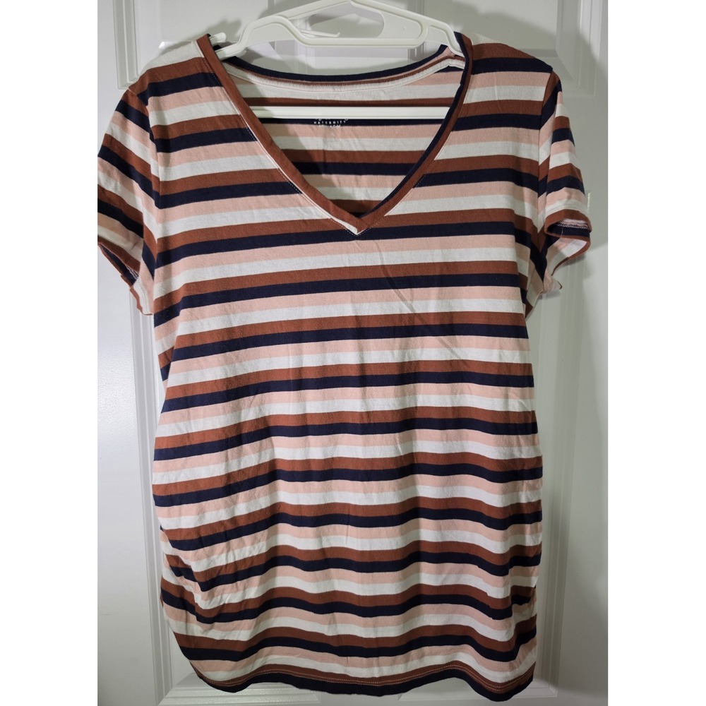 Isabel Maternity Ingrid & Isabel XL Striped Ruched Side V Neck Short Sleeve Top